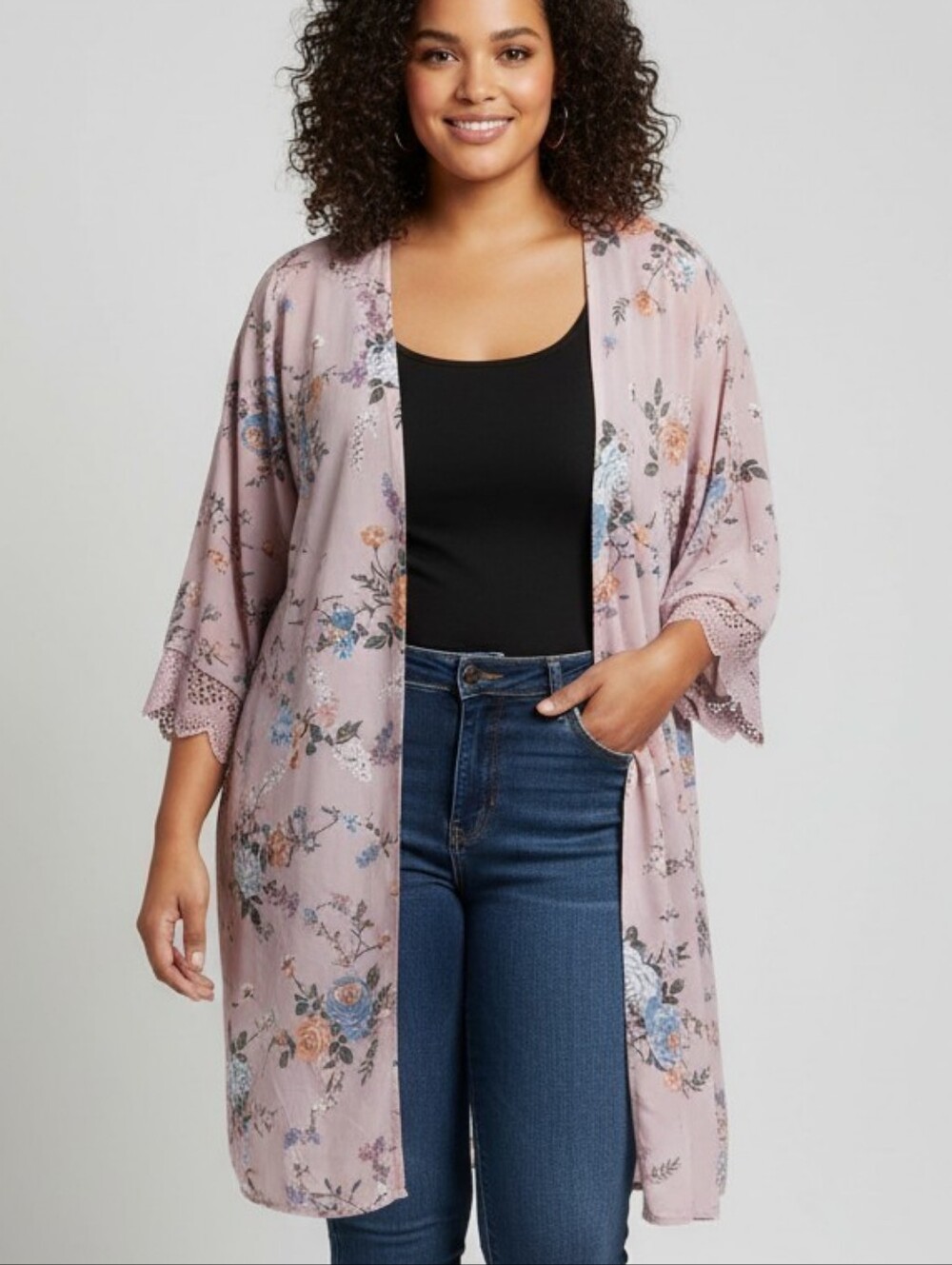 Wallflower Dusty Mauve Floral Lace-Trim Kimono Cardigan